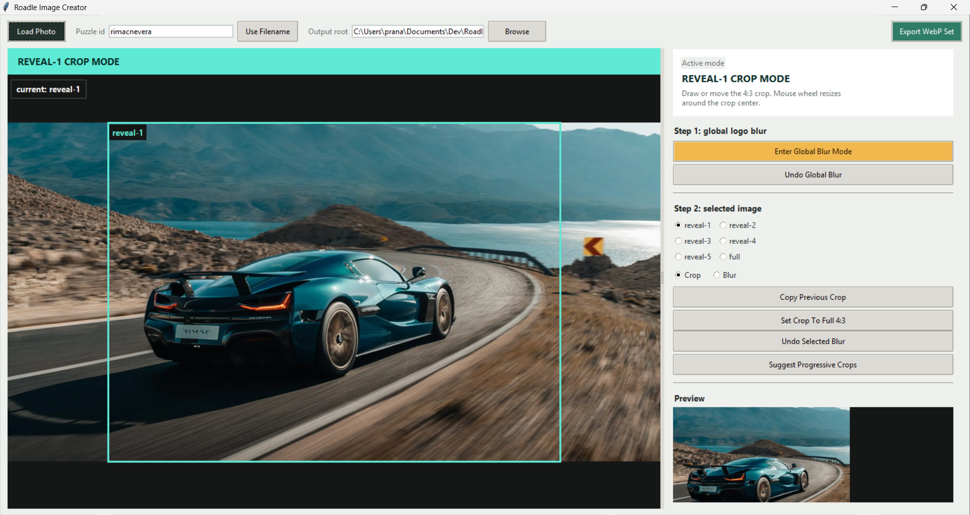 Roadle image creator utility with crop, blur, and preview controls