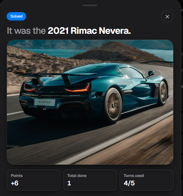 Roadle solved-game result modal showing the full vehicle image and score summary